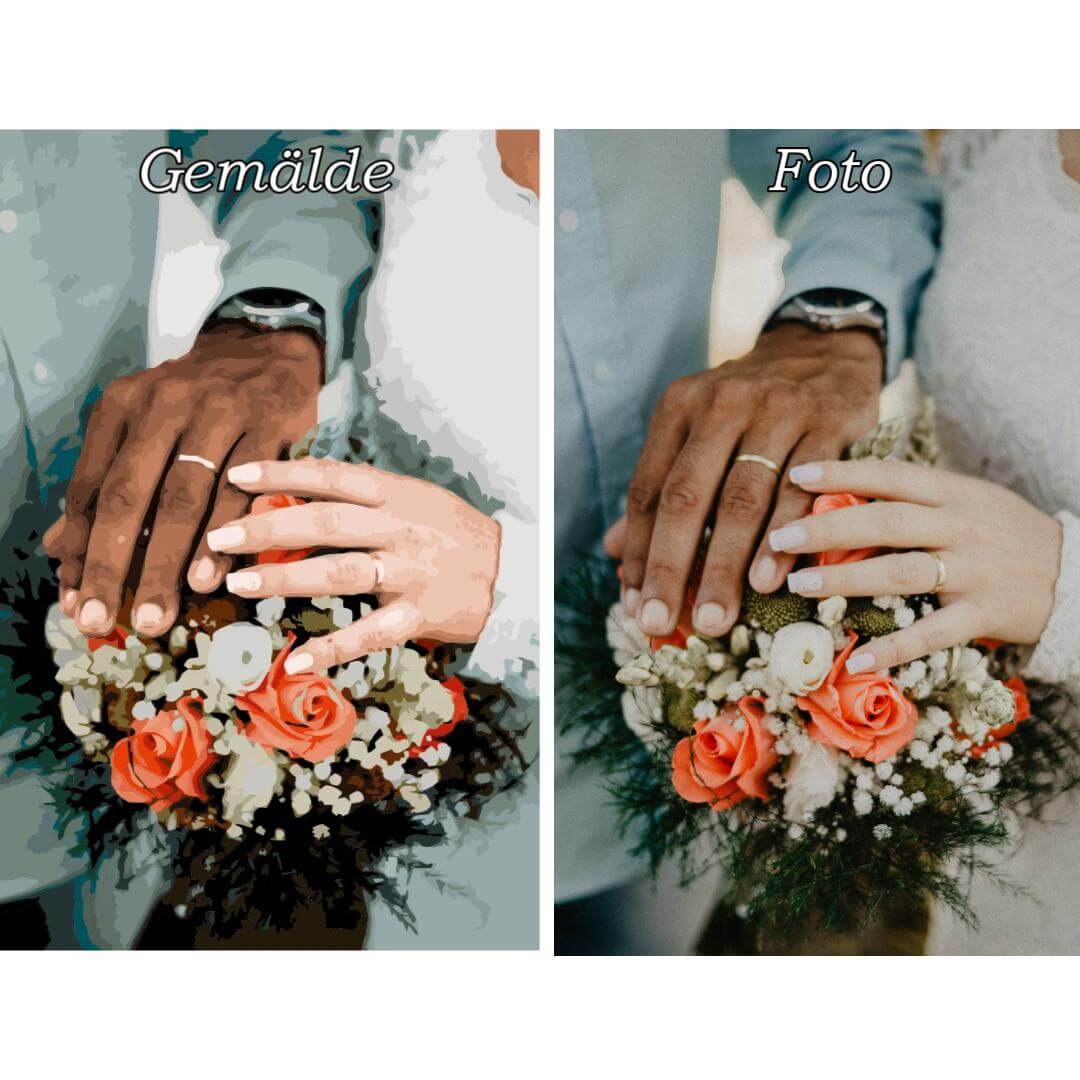 Personalisiertes Malen nach Zahlen dein eigenes Foto, ein persönliches Bild von den beiden Händen eines Brautpaares an der Hochzeit. Die beiden Eheringe an den Händen werden vor einem Brautstrauß präsentiert. Vorher Nachher.